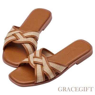 【Grace Gift】波西米亞風方頭編織平底拖鞋 棕