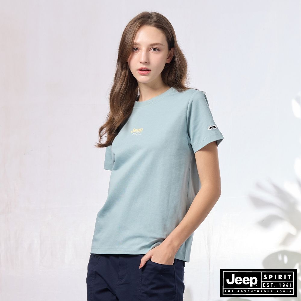 JEEP 女裝 簡約LOGO涼感印花短袖T恤-天空藍色