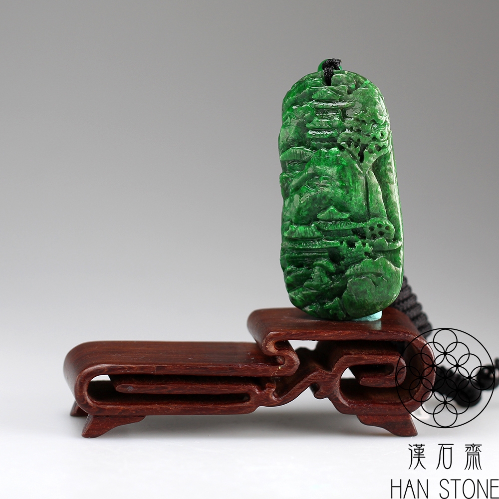 漢石齋】天然A貨辣綠乾青種翡翠山水玉佩吊墜(28*55*10mm) | 漢石齋