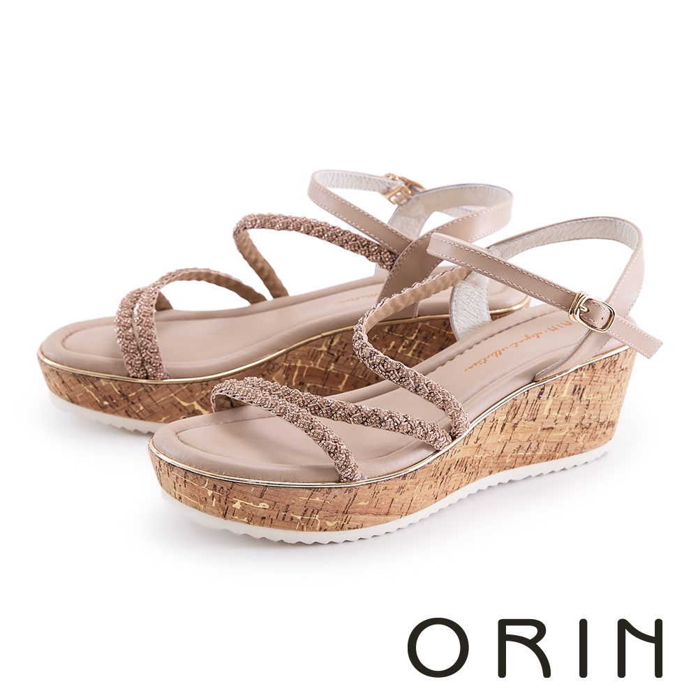 ORIN 牛皮水鑽細帶纏繞楔型厚底涼鞋 裸色