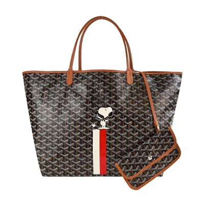GOYARD STLOUI SNOOPY 聯名款條紋塗料帆布LOGO子母購物包-大/黑棕/白紅 _廠商直送