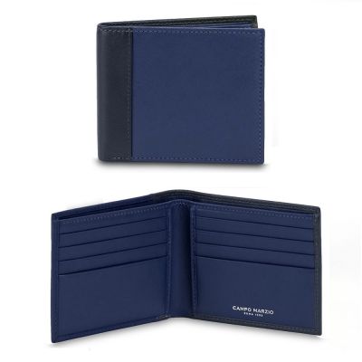 CAMPO MARZIO 義式時尚 小牛皮撞色 8卡雙層鈔票短夾 雙藍色