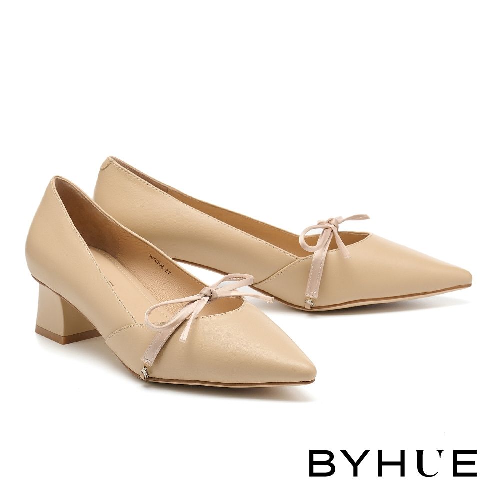 高跟鞋 BYHUE 簡約兩穿可拆式蝴蝶結羊皮軟芯尖頭高跟鞋－米