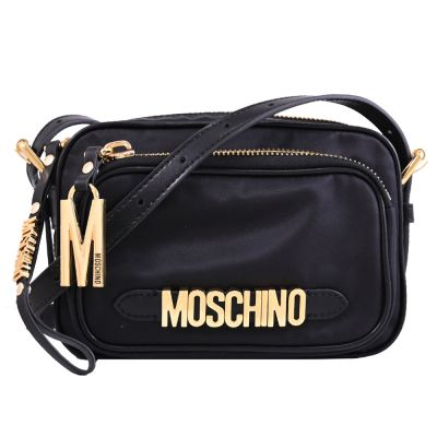 MOSCHINO 經典金屬LOGO輕尼龍前口袋迷你斜背/相機包(黑)