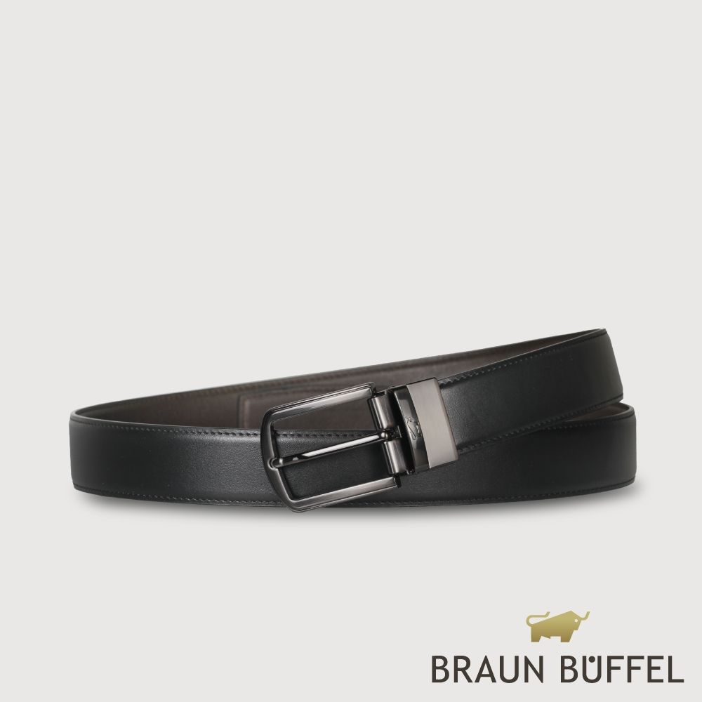 【BRAUN BUFFEL 德國小金牛】台灣總代理 時尚紳士 圓弧方扣穿針式皮帶-鎗色/BF25S-RO229T-SGU