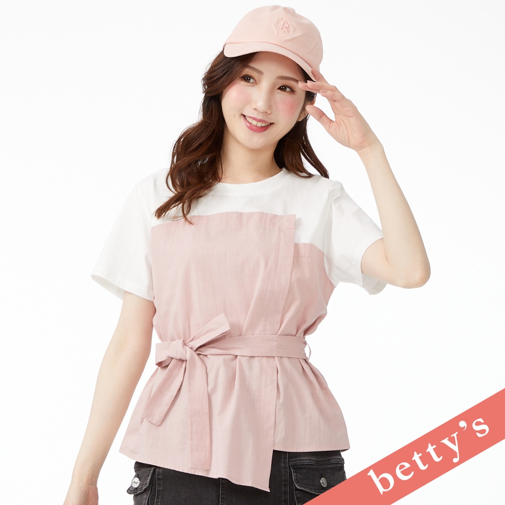 betty’s貝蒂思　下擺不對稱拼接腰帶上衣(粉色) (粉色)