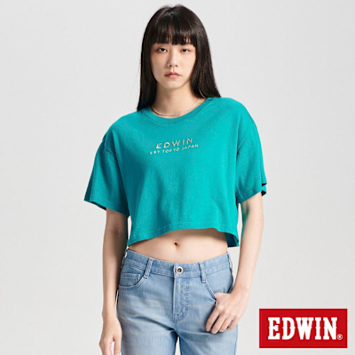 EDWIN 女裝 簡約刺繡印花寬短版短袖T恤-土耳其藍