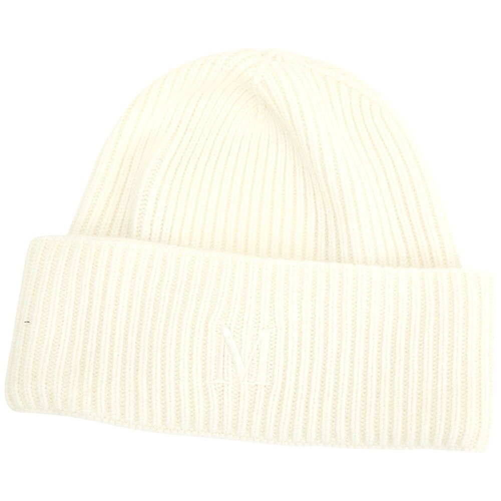 Max Mara MMRETINA 100%喀什米爾字母刺繡反摺針織羊毛帽(白色)