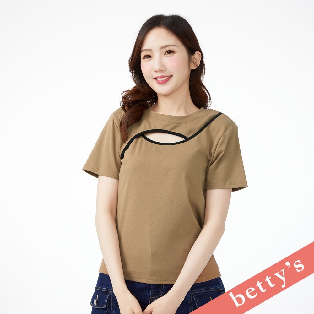 betty’s貝蒂思  胸前交叉開口滾邊短袖T-shirt(深卡其) (深卡其)