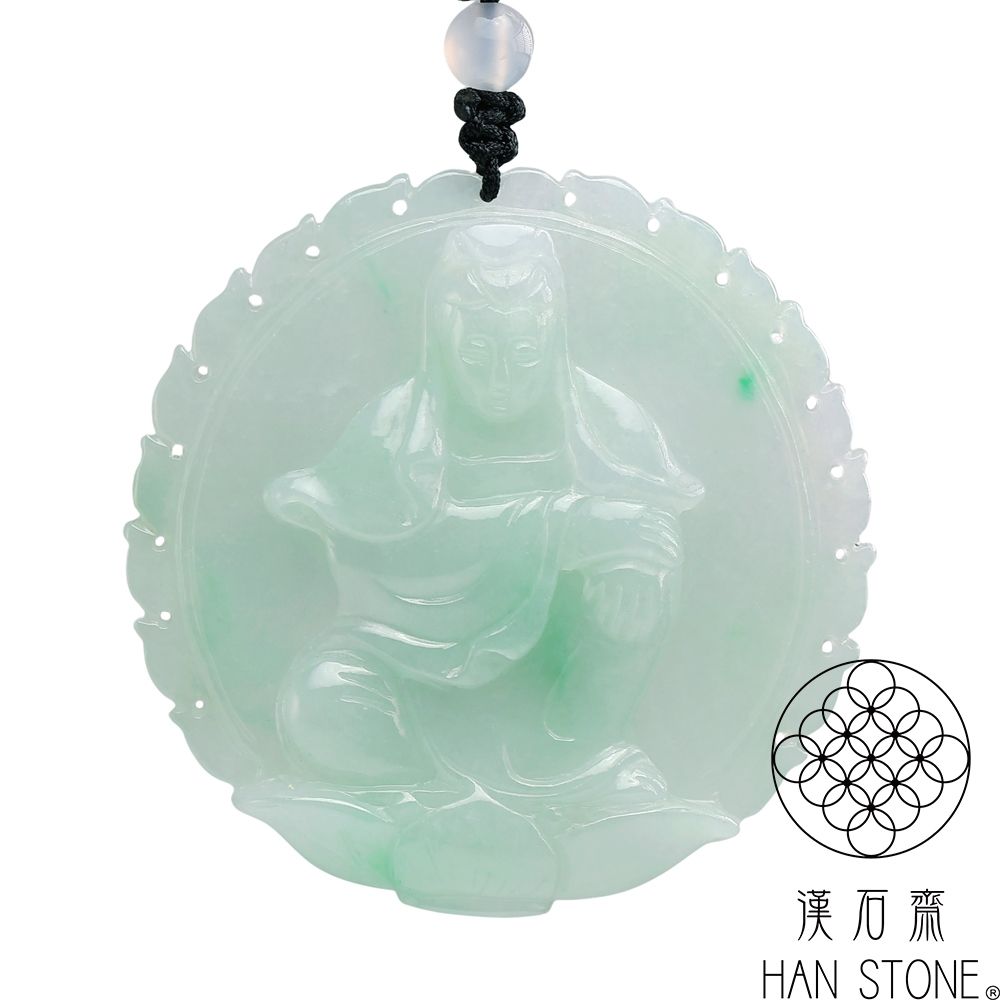 【漢石齋】天然翡翠A貨 彌勒佛玉佩吊墜 冰種飄花帶黃翡(37*46*10mm)