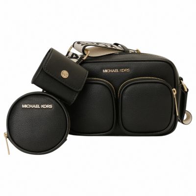 MICHAEL KORS 金字荔枝紋皮革附零錢包斜背包(黑色)小款