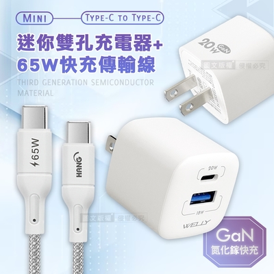 WELLY 氮化鎵GaN 雙輸出迷你充電器+65W Type-C to Type-C 傳輸充電線(200cm)【超值組合】
