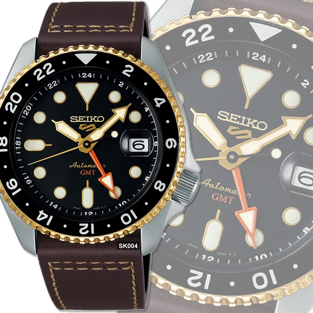 SEIKO精工5 SPORTS系列機械錶GMT雙時區黑面皮帶42.5㎜款SK004(SSK036K1