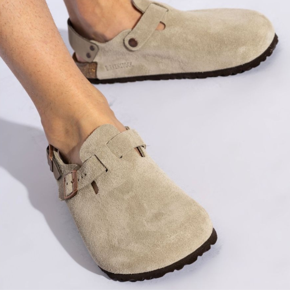 日本東京限定Birkenstock Tokio 女麂皮包頭拖鞋淺褐色一般寬真皮勃肯