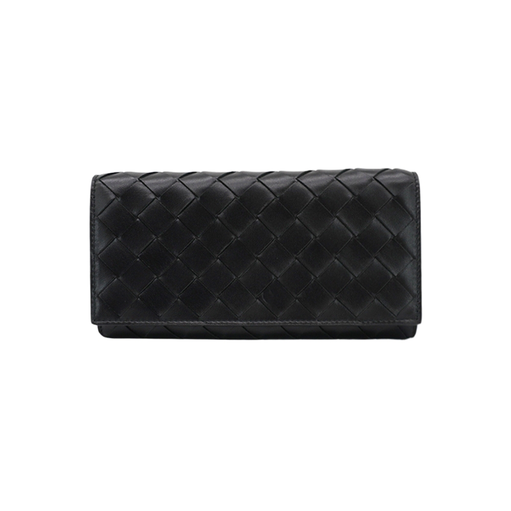 BOTTEGA VENETA 寶緹嘉  編織皮革金扣對折長夾(666935-黑)