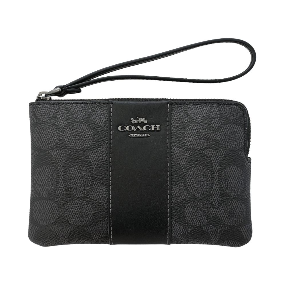 COACH C Logo PVC拼接皮革掛帶L型拉鍊萬用手拿包(黑色/炭灰)