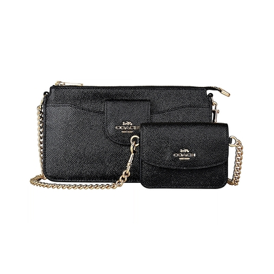 COACH POPPY金字LOGO荔枝紋牛皮子母肩背斜背兩用包(黑)