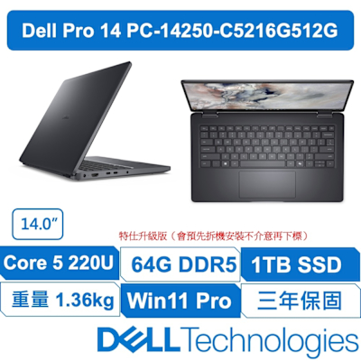 DELL戴爾 Pro PC14250-C5216G512G 原廠三年保固 14吋商用筆電 (Core 5-220U/特仕64GB/1TB/W11專業版)