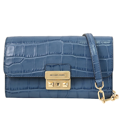 MICHAEL KORS TRIBECA 金屬釦LOGO鱷魚壓紋皮革翻蓋式斜背包/WOC(藍)