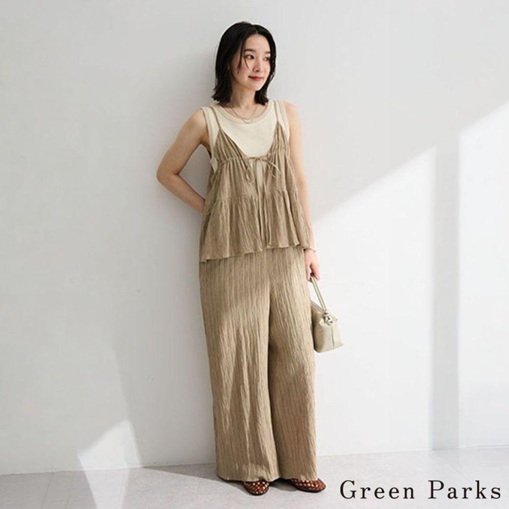 〈Green Parks〉緹花荷葉邊前綁帶吊帶寬褲