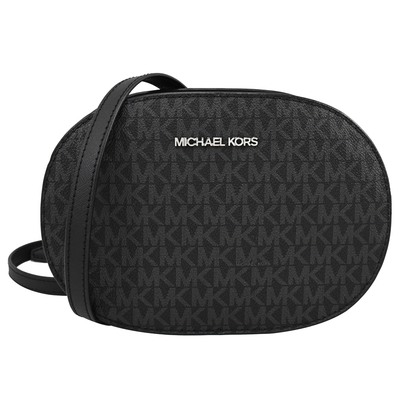 MICHAEL KORS JET SET 金屬LOGO印花橢圓拉鍊斜背包(黑/灰)