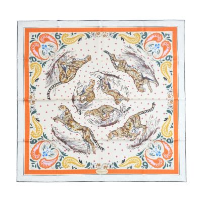 Hermes 愛馬仕 Guepards Bandana 90 手工捲邊斜紋真絲雙面方巾(奶油/橘/棕)