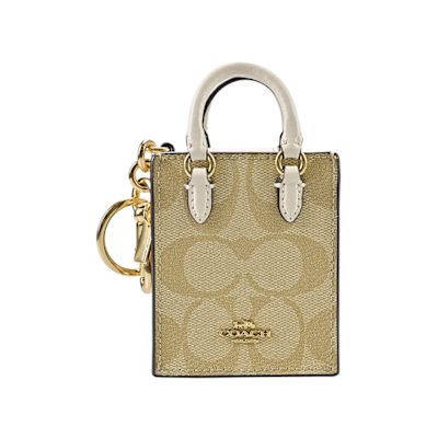COACH 卡其C LOGO PVC拼接米白皮革MINI DYLAN托特包立體造型鑰匙圈掛飾