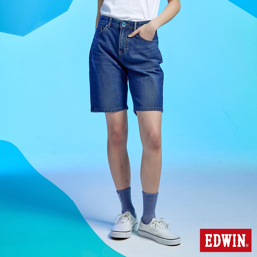 EDWIN 女裝 冰河玉系列 JERSEYS 迦績 及膝寬鬆-中古藍