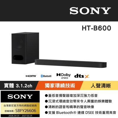【SONY 索尼】BRAVIA Theatre Bar6 兩件式環繞家庭劇院 HT-B600 (公司貨 保固12個月)