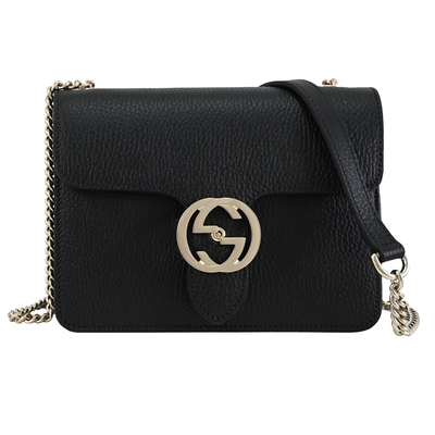 GUCCI 古馳 金屬LOGO牛皮翻蓋斜背鍊包(黑)