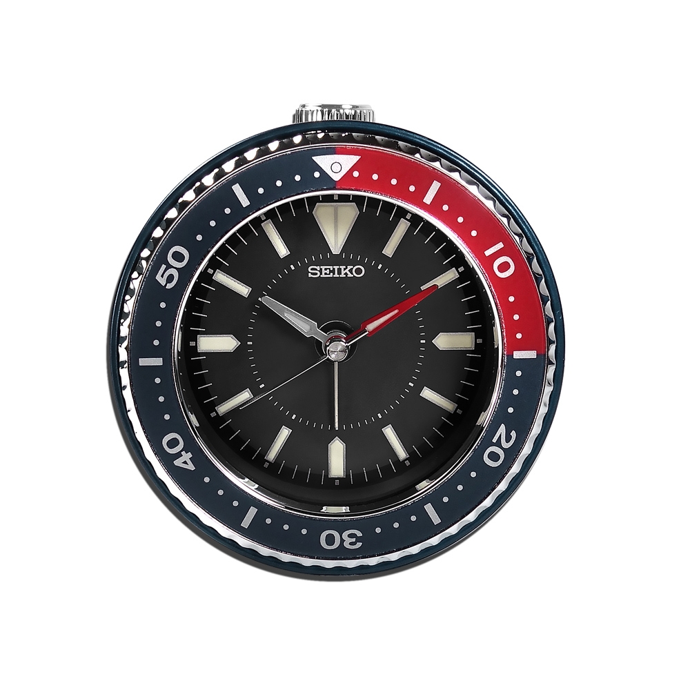 SEIKO 精工/ 潛水錶造型可樂圈燈光照明貪睡鬧鈴指針靜音鬧鐘-紅藍色