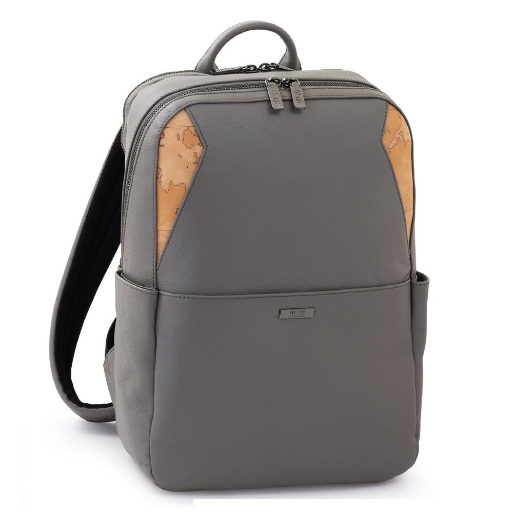Alviero Martini 義大利地圖包 小牛皮14吋筆電拉鍊後背包37cm-大象灰 