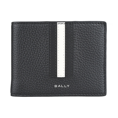 BALLY Ribbon英文銀字LOGO荔枝紋小牛皮黑白直條設計6卡對開短夾(男款/黑)