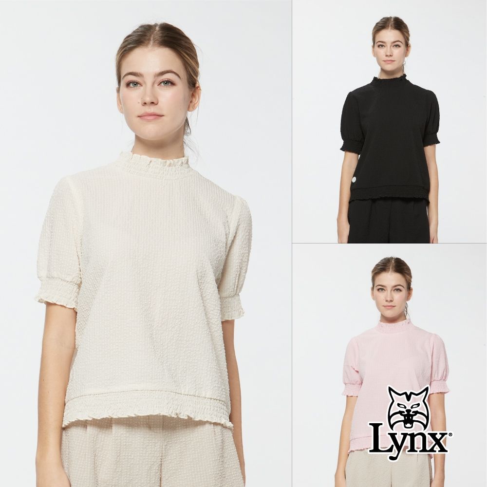 【Lynx Golf】首爾高桿風格！女款吸濕排汗泡泡紗面料寬鬆版立領短袖上衣(三色) (淺米色)