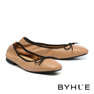 平底鞋  BYHUE 甜心舒適蝴蝶結羊皮軟芯Q底娃娃平底鞋－米