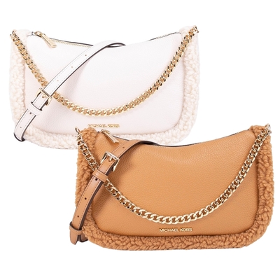 Michael Kors CARMELA 荔枝皮紋毛邊手提斜揹包(白色/駝色)