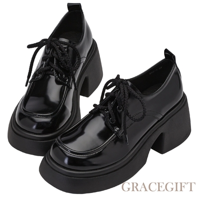【Grace Gift】通勤神器輕量厚底牛津鞋 黑漆