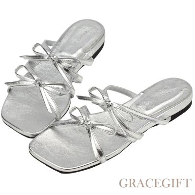 【Grace Gift】韓系雙蝴蝶結細帶平底拖鞋 銀