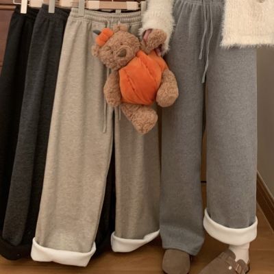 La Belleza素色加厚內裡加絨保暖棉羊絨糯米褲顯瘦垂墬感百搭闊腿抽繩長褲