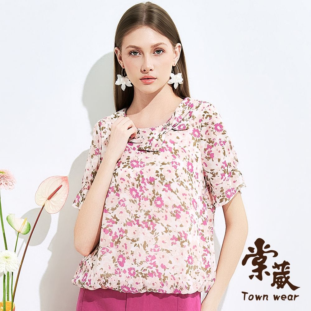 【TOWNWEAR棠葳】柔粉花卉翻領雪紡上衣(中大尺碼/女上衣/女上著/荷葉/透膚/滿版/印花) (粉紅色系)
