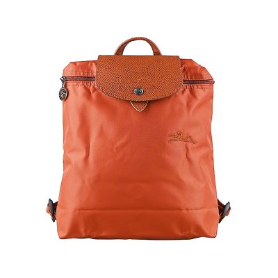 LONGCHAMP Le Pliage Green銀釦字母LOGO再生尼龍拉鍊壓釦折疊式後背包(M/栗子色)