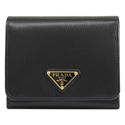 PRADA 三角LOGO水波紋三折式短夾(黑)