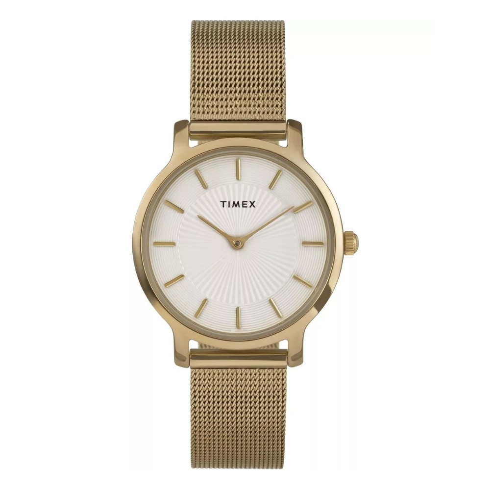 TIMEX  天美時  Transcend 34毫米 極簡現代美學 不鏽鋼錶鍊手錶(白x金TXTW2Y10300)