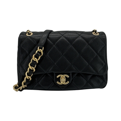 CHANEL香奈兒 CHANEL 香奈兒 金雙C粒紋牛皮菱格斜背包(AS4890-黑)