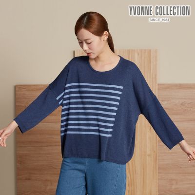 YVONNE 以旺傢飾 條紋拼接落肩長袖針織衫-藍