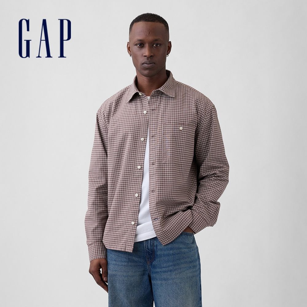 【GAP】寬短Boxy版型牛津襯衫-棕色格紋/綠色格紋/藍色條紋(888336) (棕色格紋)