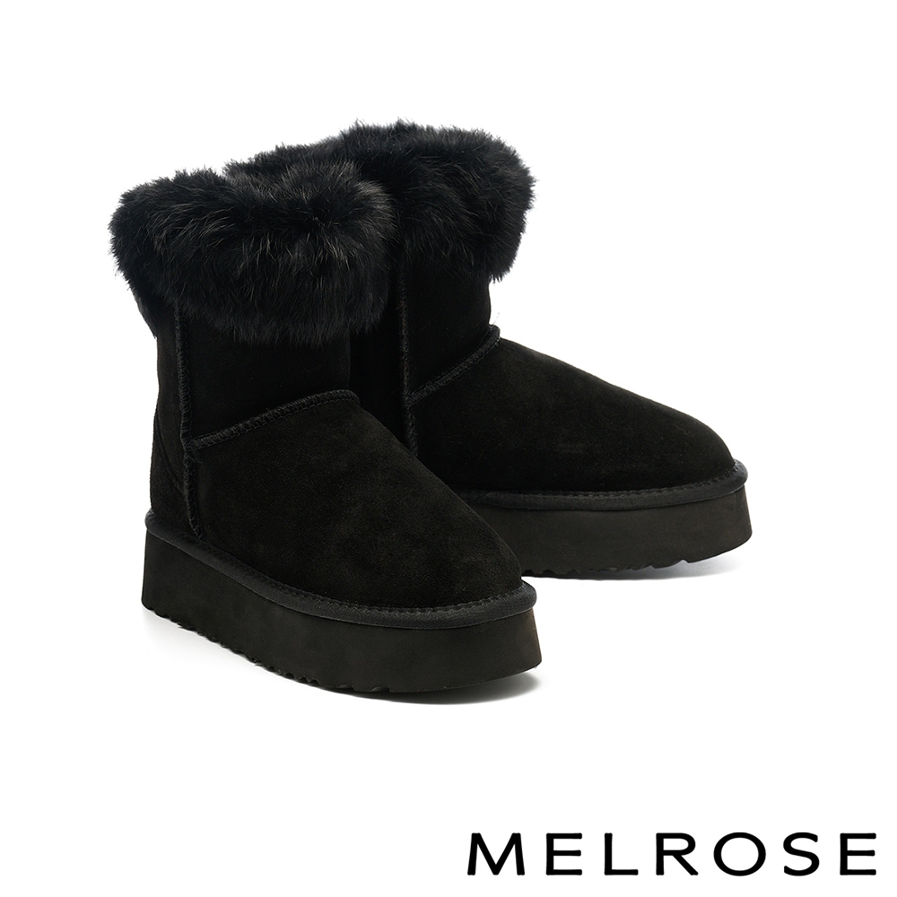 短靴 MELROSE 美樂斯 簡約溫暖毛絨牛麂皮厚底短靴－黑