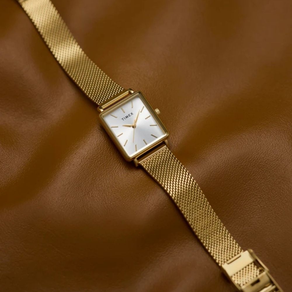 TIMEX 天美時 Transcend 22毫米 簡約方形 不鏽鋼網帶腕錶(白x金 TXTW2Y26100)