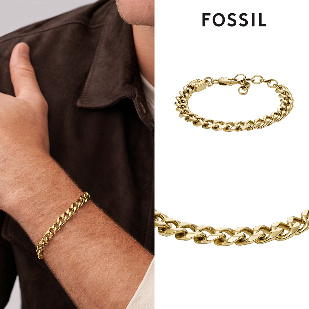 FOSSIL Ellis 街頭個性古巴鍊不鏽鋼手鍊-金 JF04616710