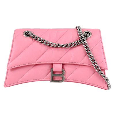 BALENCIAGA巴黎世家 BALENCIAGA CRUSH 金屬B LOGO揉製牛皮斜背鍊包/沙漏包(粉)